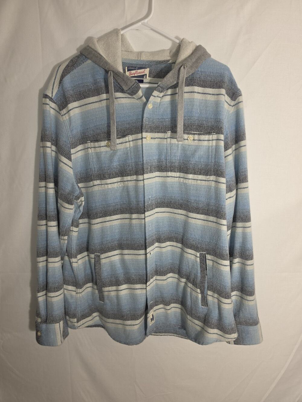 Johnnie-O Surflannel Shirt Mens Large Blue Stripe Long Sleeve Hooded Button Up